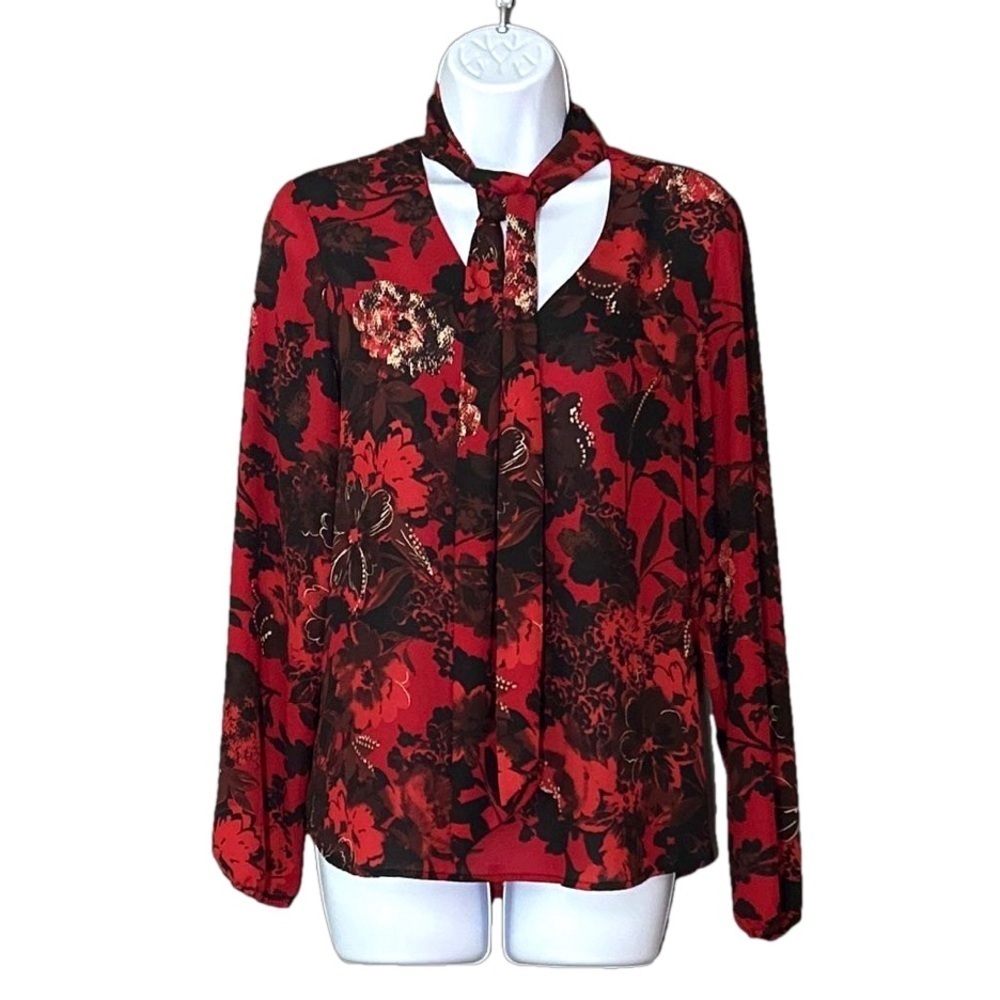 Black Label by Evan Picone red and black floral long sleeve blouse size M